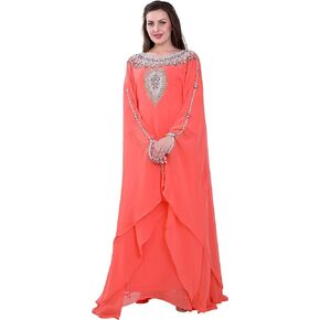ANIIQ Women Dubai Kaftan Farasha Caftan Long Maxi Dress Long Sleeves Georgette Ethnic, Bridal, Evening, Party with Free Scarf