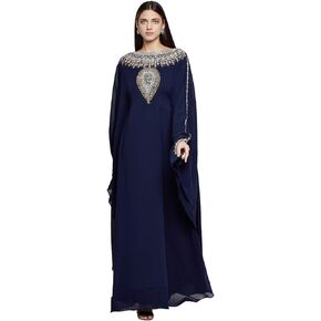 ANIIQ Women Dubai Kaftan Farasha Caftan Long Maxi Dress Long Sleeves Georgette Ethnic, Bridal, Evening, Party with Free Scarf