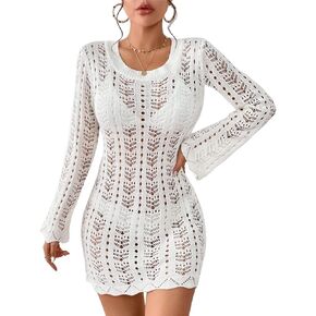 AILUNSNIKA Women's Swimsuit Cover Up Crochet Bikini Cover Up Long Sleeve Hollow Out Beachwear Cover Up Dress