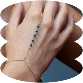 Aqua Blue Beads Ring Bracelet Hand Chain for Women Small Beads Girls Jewelry Pretty Dainty