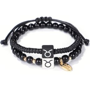 Hifunny Constellation Bracelet 12 Zodiac Handmade Weave Obsidian Beaded Constellation Bracelet for Women Men Jewelry 2Pcs