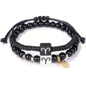 Hifunny Constellation Bracelet 12 Zodiac Handmade Weave Obsidian Beaded Constellation Bracelet for Women Men Jewelry 2Pcs