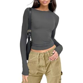 Womens Long Sleeve Shirts Basic Tees Y2k Slim Fit T Shirt Crew Neck Trendy Crop Top Casual