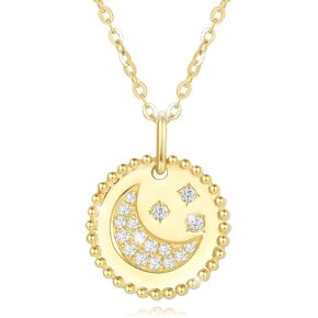 Agvana 14K Solid Gold Diamond Moon Star Coin Disc Dainty Pendant Necklace Fine Jewelry Gifts for Women Teen Girls Sister Lover Wife, 16+2 Inch Extender