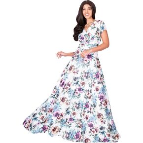 KOH KOH Womens Long Cap Sleeves Floral Print V-Neck Summer Sundress Maxi Dress