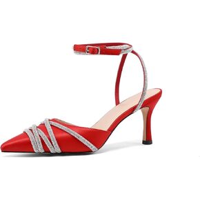 صنادل نسائية بكعب عالٍ، كعب ستيليتو 2.75 بوصة، إبزيم حزام الكاحل، الجزء العلوي من الساتان مرصع بأحجار الراين الكريستالية اللامعة، مقدمة مدببة، زفاف صيفي، حفلة، شارع in Kuwait