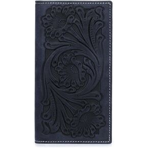 Floral Inlay Checkbook Cover Embossed Rodeo Wallet for Men & Women Credit Card Holder (Black - Long)