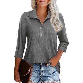 GEMLON 3/4 Length Sleeve Womens Tops V Neck Dressy Blouses Casual Tops Zipper Collar Polo Shirts
