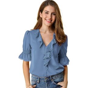 Allegra K Women's Ruffle V Neck Puff Sleeve Blouse Summer Vintage Casual Chiffon Peasant Top