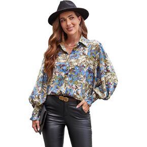 Womens Casual Button Down Shirts Printed Boho Loose Blouses Lantern Long Sleeve V Neck Spring Summer Tops