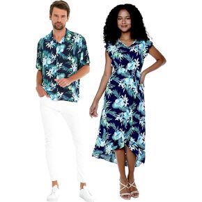 Matchable Couple Hawaiian Luau Shirt or Wrap Ruffle Dress in Orchid Breeze Navy