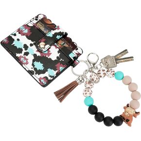 Highland Cow Wristlet Bracelet Keychain with Wallet Card Holder - Silicone Beaded Keyring Purse for Women Girls