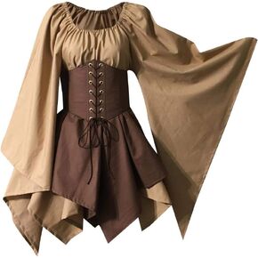 Women's Renaissance Medieval Costume Flare Sleeve Corset Skirt Overskirt Irish Elven Archer Fancy Dress Over Gown