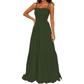 GOLDSTITCH Women's 2023 Summer Bohemian Spaghetti Strap Smocked A Line Flowy Maxi Dress in Kuwait