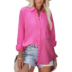 siliteelon Womens Button Down Shirts Cotton Long Sleeve Blouse Oversized Boyfriend Collared Blouses Tops with Pocket