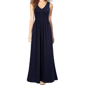 WOOSEA Women Sleeveless V Neck Pocket Loose Long Dress Maxi Casual Dresses
