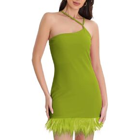 Minsera Women Sexy Sleeveless Slip Slim-Fitting Dress with Furry Hem Strap Mini Dress