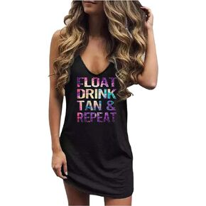 You Had Me at Day Drinking Mini Dress for Women Summer Sleeveless Deep V Neck Casual T Shirts Dresses Vintage Sundress