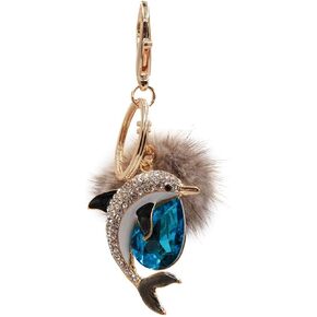 surell - Genuine Mink Fur Dolphin Keychain - Cute Sparkly Pompom Purse Sea Animal Accessory with Keyring - Fluffy Real Fur