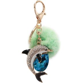 surell - Genuine Mink Fur Dolphin Keychain - Cute Sparkly Pompom Purse Sea Animal Accessory with Keyring - Fluffy Real Fur
