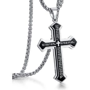 Men's Stainless Steel Nail Lord's Prayer Cross Pendant Necklace for Men Women Big Pendant and Strong Chain 24"