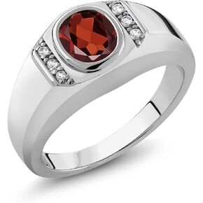 Gem Stone King Men's 925 Sterling Silver Red Garnet and White Created Sapphire Ring (1.56 Cttw, Oval 8X6MM, Gemstone Birthstone, Available In Size 7, 8, 9, 10, 11, 12, 13)