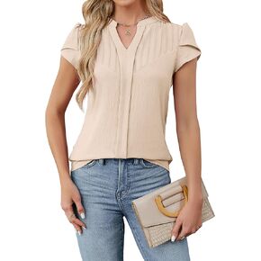 Blooming Jelly Womens Dressy Blouses Short Sleeve Business Casual Shirts V Neck Work Tops Fashion Pleated Summer T Shirts