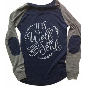 It is Well with My Soul Christian T Shirt Women Raglan Long Sleeve Elbow Patches Shirt Casual Baseball Blouse Top