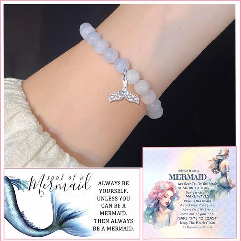 Mermaid Gifts for Women Girls Agate Beaded Mermaid Jewelry for Friendship Mermaid Lovers Mermaid Spirit Birthday Christmas Gifts with A Message (Blue) in Saudi Arabia