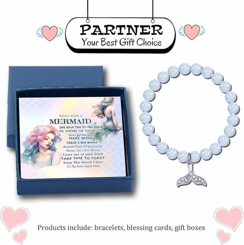 Mermaid Gifts for Women Girls Agate Beaded Mermaid Jewelry for Friendship Mermaid Lovers Mermaid Spirit Birthday Christmas Gifts with A Message (Blue) in Saudi Arabia