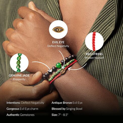 KARMA AND LUCK - Brave Gaze - Men's Real Matte Onyx/Jade Stone Bronze Brass Evil Eye Charm Red String Adjustable Drawstring Closure Bracelet Handmade with Love in Bali in Saudi Arabia