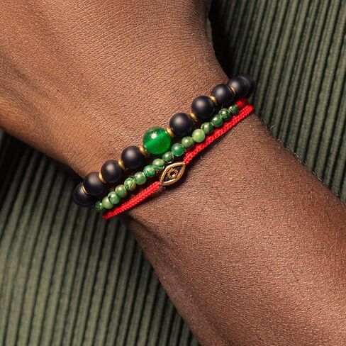 KARMA AND LUCK - Brave Gaze - Men's Real Matte Onyx/Jade Stone Bronze Brass Evil Eye Charm Red String Adjustable Drawstring Closure Bracelet Handmade with Love in Bali in Saudi Arabia