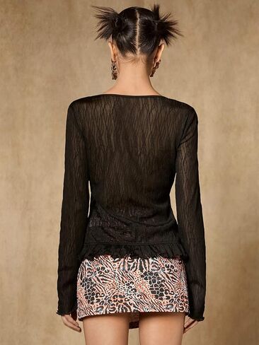 Verdusa Women's Ruffle Trim Tie Front Long Sleeve Sheer Top V Neck Blouse Shirt in Saudi Arabia