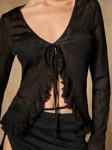 Verdusa Women's Ruffle Trim Tie Front Long Sleeve Sheer Top V Neck Blouse Shirt in Saudi Arabia