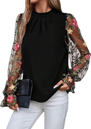 Floerns Women's Floral Embroidery Mesh Mock Neck Flare Long Sleeve Blouse Top in Saudi Arabia