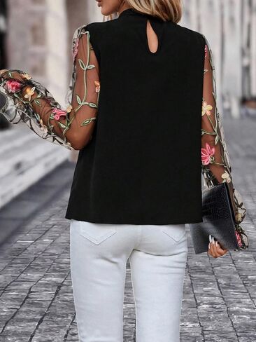 Floerns Women's Floral Embroidery Mesh Mock Neck Flare Long Sleeve Blouse Top in Saudi Arabia