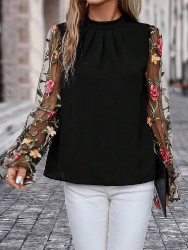Floerns Women's Floral Embroidery Mesh Mock Neck Flare Long Sleeve Blouse Top in Saudi Arabia