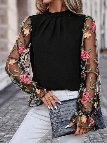 Floerns Women's Floral Embroidery Mesh Mock Neck Flare Long Sleeve Blouse Top in Saudi Arabia