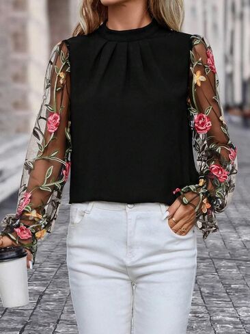 Floerns Women's Floral Embroidery Mesh Mock Neck Flare Long Sleeve Blouse Top in Saudi Arabia