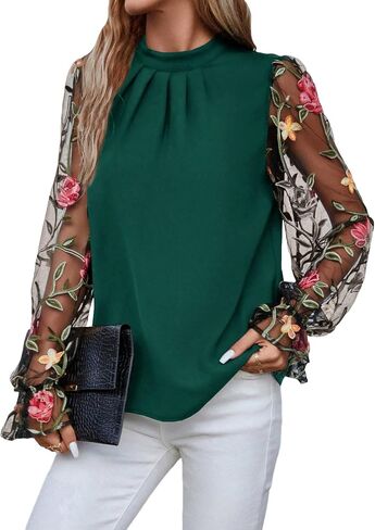 Floerns Women's Floral Embroidery Mesh Mock Neck Flare Long Sleeve Blouse Top in Saudi Arabia