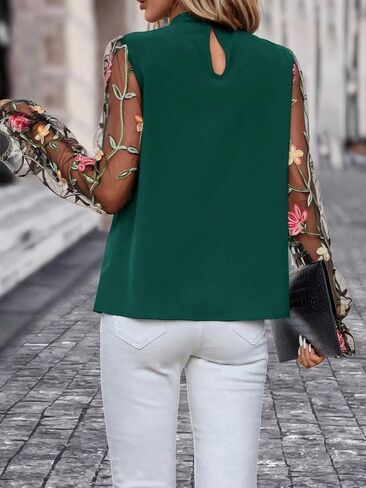 Floerns Women's Floral Embroidery Mesh Mock Neck Flare Long Sleeve Blouse Top in Saudi Arabia