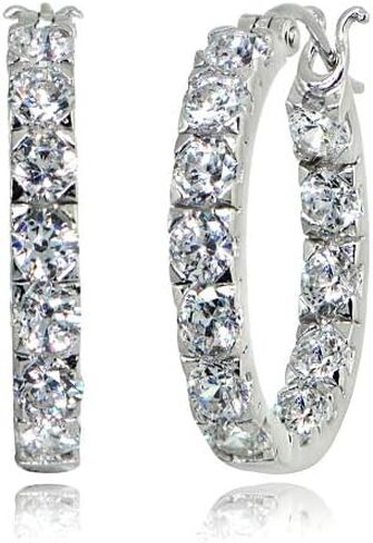 Sterling Silver Polished 3mm Inside Out Round AAA Cubic Zirconia Hoop Earrings, 20mm or 25mm in Saudi Arabia