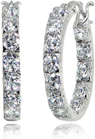 Sterling Silver Polished 3mm Inside Out Round AAA Cubic Zirconia Hoop Earrings, 20mm or 25mm in Saudi Arabia