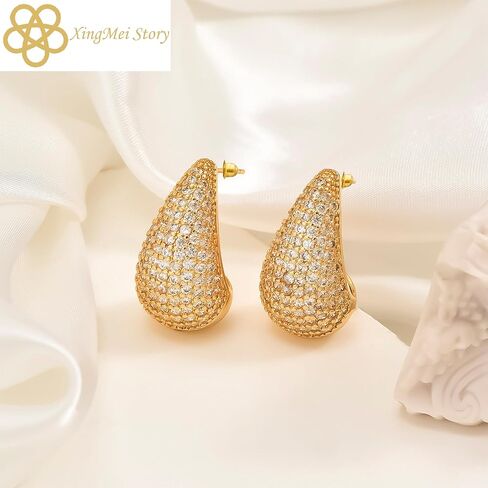 Gold Crystal Chunky Hoop Earrings - Sparkly Rhinestone Teardrop Design with 925 Sterling Silver Posts - Trendy Jewelry for Women and Girls, Perfect for Special Occasions in Saudi Arabia