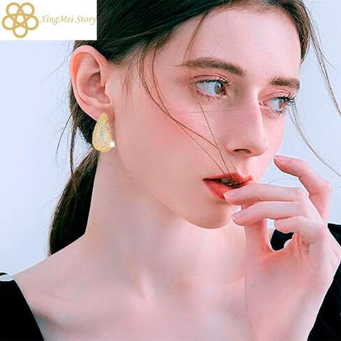 Gold Crystal Chunky Hoop Earrings - Sparkly Rhinestone Teardrop Design with 925 Sterling Silver Posts - Trendy Jewelry for Women and Girls, Perfect for Special Occasions in Saudi Arabia