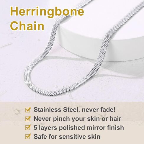 GOLDCHIC JEWELRY Flat Chain Necklace,Stainless Steel 3mm/5mm Snake Chain Herringbone Choker Necklaces for Women in Gold/Silver/Rose Gold,12/15/18 inches with 3.5 inch Extenders,Gift Box Included in Saudi Arabia