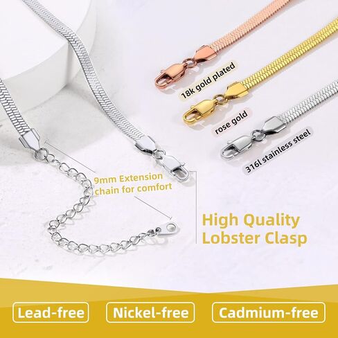 GOLDCHIC JEWELRY Flat Chain Necklace,Stainless Steel 3mm/5mm Snake Chain Herringbone Choker Necklaces for Women in Gold/Silver/Rose Gold,12/15/18 inches with 3.5 inch Extenders,Gift Box Included in Saudi Arabia