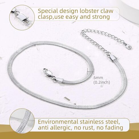 GOLDCHIC JEWELRY Flat Chain Necklace,Stainless Steel 3mm/5mm Snake Chain Herringbone Choker Necklaces for Women in Gold/Silver/Rose Gold,12/15/18 inches with 3.5 inch Extenders,Gift Box Included in Saudi Arabia