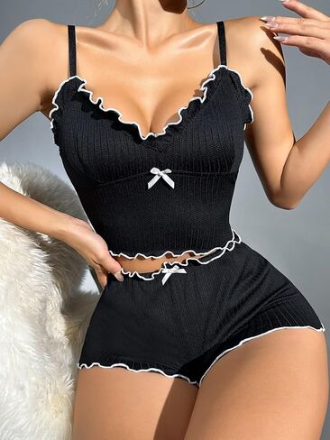 COZYEASE Women's 2 Piece Pj Set Lettuce Trim Bow Front Cami Top and Shorts Cute Pajama Set Sleepwear Soft in Saudi Arabia