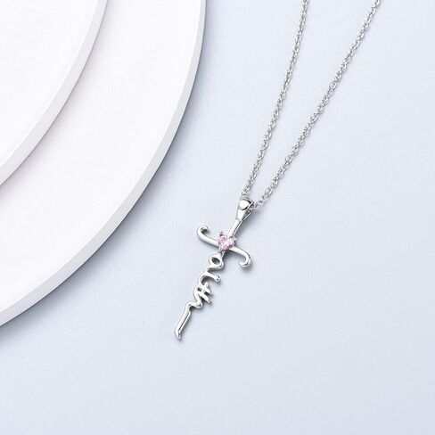 Silver Cross Necklace for Women Girls, Sterling Silver Chain Birthstone Faith Cross Pendant Necklaces Christmas Christian Religious Birthday Gifts for Her, with Gifts Box in Saudi Arabia